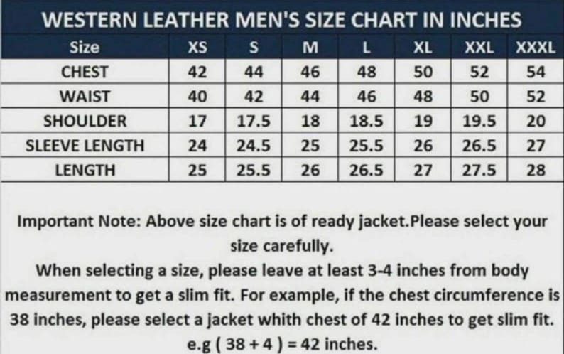 Pu&ograve; includere: Tabella delle taglie per giacche in pelle western, che mostra le misure di petto, vita, spalle, lunghezza manica e lunghezza in pollici. Taglie da XS a XXXL. Include una nota sulla scelta della taglia corretta per una vestibilit&agrave; slim.