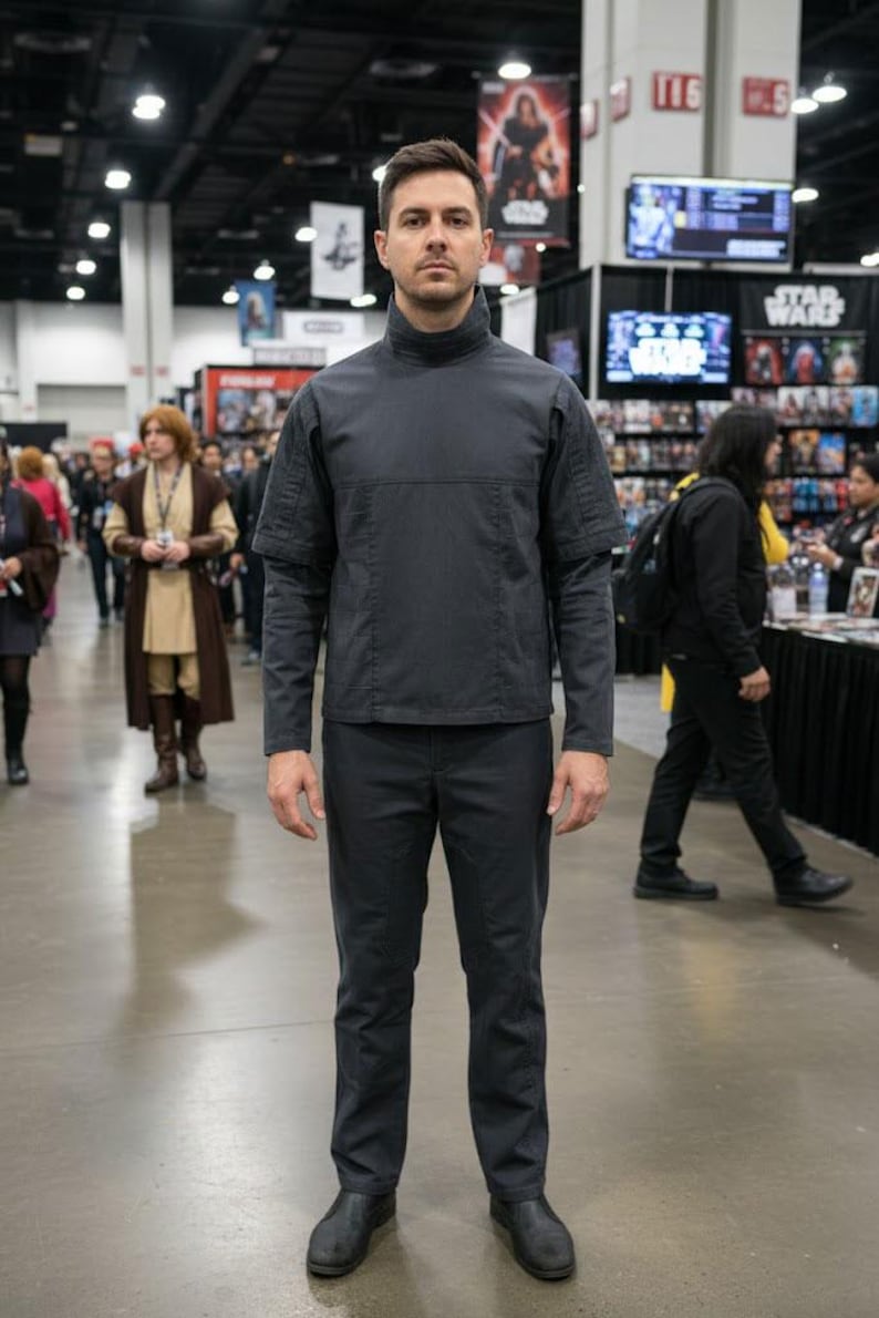 K&ouml;nnte beinhalten: Eine Person in einem dunkelgrauen Kost&uuml;m, bestehend aus einem lang&auml;rmeligen Oberteil mit hohem Kragen und passender Hose. Das Outfit ist wahrscheinlich ein Cosplay oder Kost&uuml;m, m&ouml;glicherweise inspiriert von einem Science-Fiction-Thema.