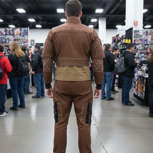 May include: A brown costume with a jacket and pants. The jacket has geometric patterns on the sleeves and shoulders. The pants have black accents on the sides. The person is standing in a convention center.