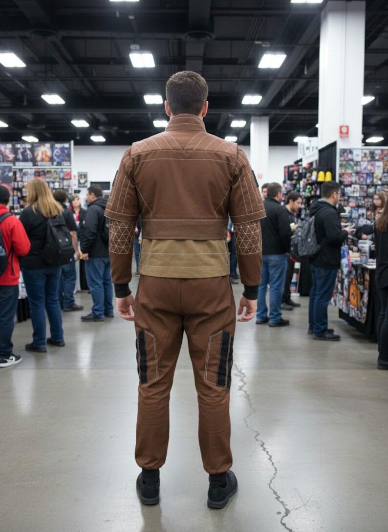May include: A brown costume with a jacket and pants. The jacket has geometric patterns on the sleeves and shoulders. The pants have black accents on the sides. The person is standing in a convention center.