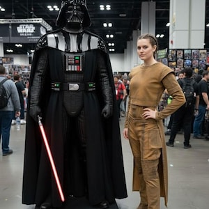 May include: A life-size Darth Vader statue with a red lightsaber stands next to a person in a brown costume. The statue is black with a silver chest plate and helmet. The person is wearing a brown crop top, pants, and boots.