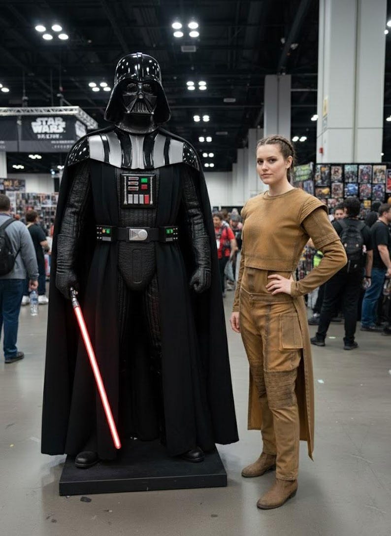May include: A life-size Darth Vader statue with a red lightsaber stands next to a person in a brown costume. The statue is black with a silver chest plate and helmet. The person is wearing a brown crop top, pants, and boots.