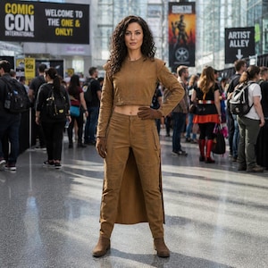 May include: A woman wearing a brown outfit at Comic Con. The outfit includes a long-sleeved crop top, pants with pockets, gloves, and boots. The background features signs that say "Comic Con International" and "Welcome to the One & Only!"