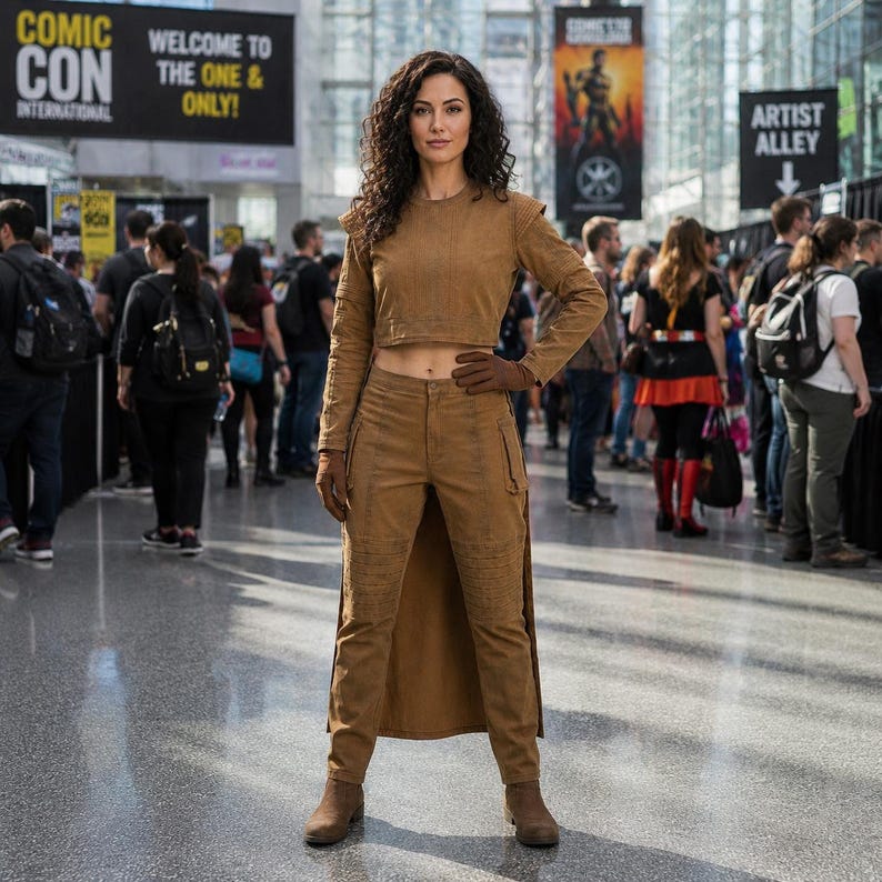 May include: A woman wearing a brown outfit at Comic Con. The outfit includes a long-sleeved crop top, pants with pockets, gloves, and boots. The background features signs that say "Comic Con International" and "Welcome to the One & Only!"