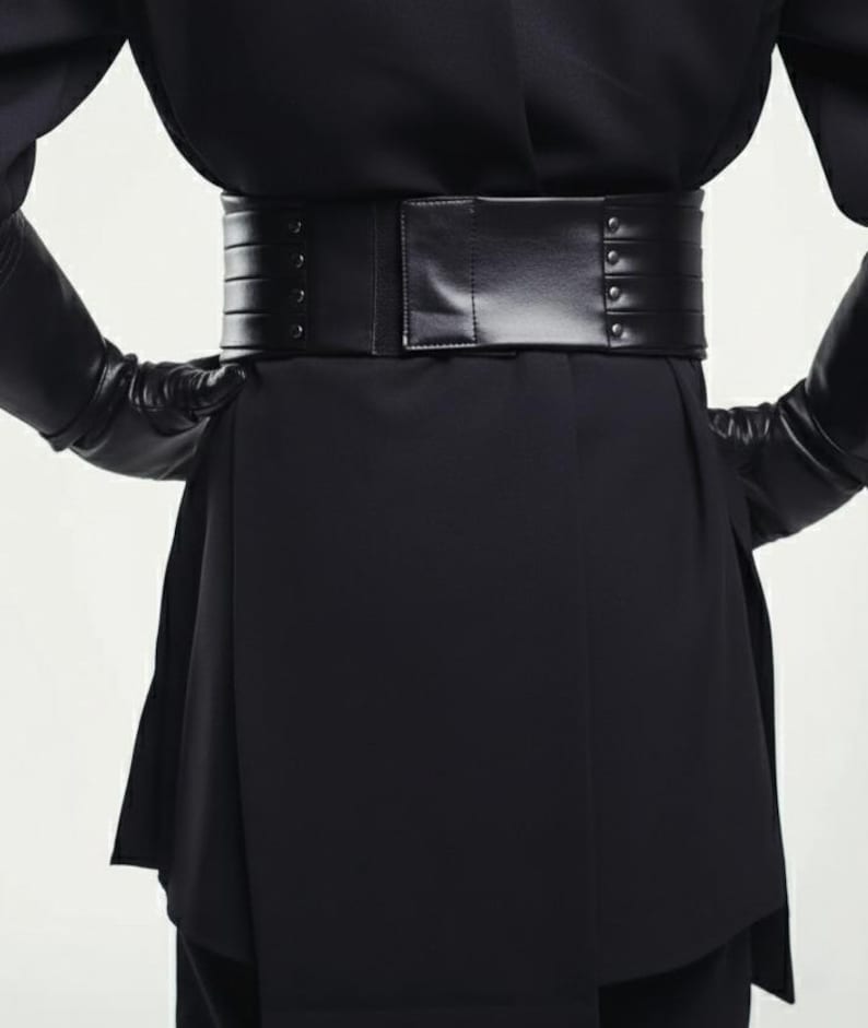 May include: A wide, black leather belt with a rectangular buckle and rivet detailing. The belt is worn over a black garment, creating a defined waistline. The overall aesthetic is sleek and modern, suitable for fashion-forward outfits.