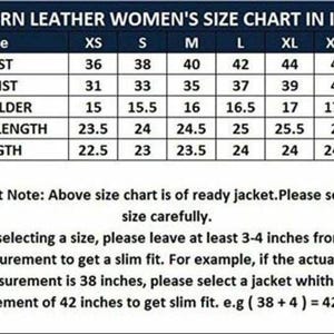 May include: A size chart for western leather jackets, displaying measurements in inches. The chart includes bust, waist, shoulder, sleeve length, and length measurements for sizes XS to XXXL. Instructions are provided for selecting the correct size.