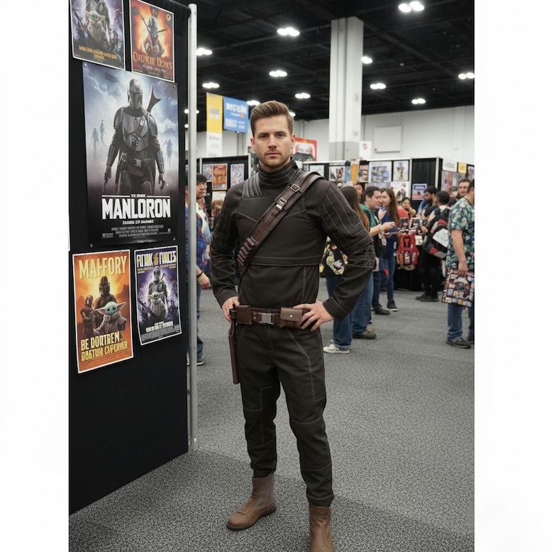 Pu&ograve; includere: Una persona in costume verde scuro con colletto alto, cintura marrone e stivali, in posa davanti a dei poster. I poster presentano il testo "MANLORON" e opere d'arte a tema Star Wars. La persona si trova in un centro congressi.