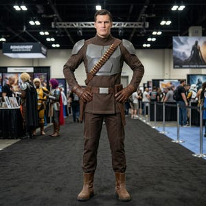 May include: A person in a brown and silver costume, likely for cosplay or a convention. The outfit includes a brown jumpsuit, gloves, boots, and a silver chest plate with a bandolier. The person is standing in a convention center.