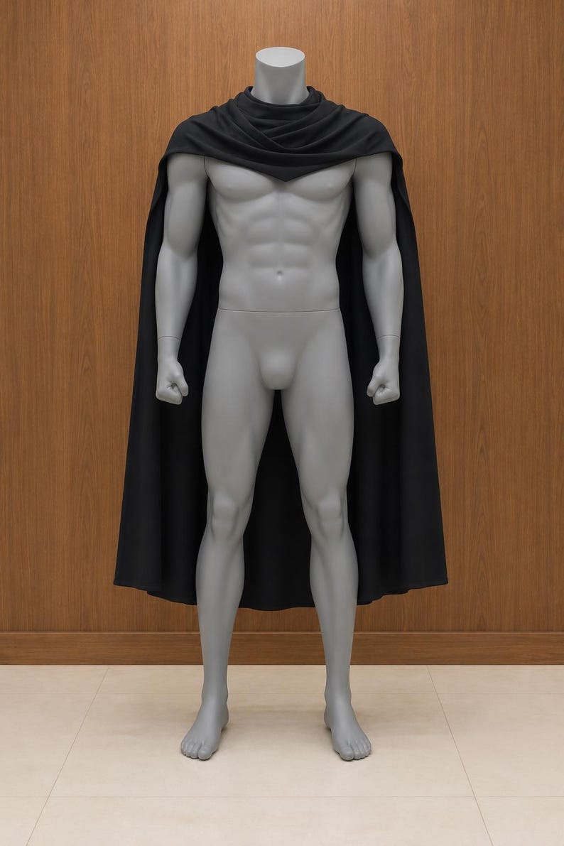 May include: A solid black cape featuring a draped cowl neckline that rests over the shoulders. The garment is displayed on a grey, muscular, full-body mannequin, extending down the back to create a long, flowing silhouette with clean edges.