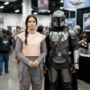 May include: Two people in Star Wars cosplay. One is dressed as The Mandalorian in silver armor and a helmet. The other is wearing a light pink top and gray pants. The Star Wars logo is visible in the background.
