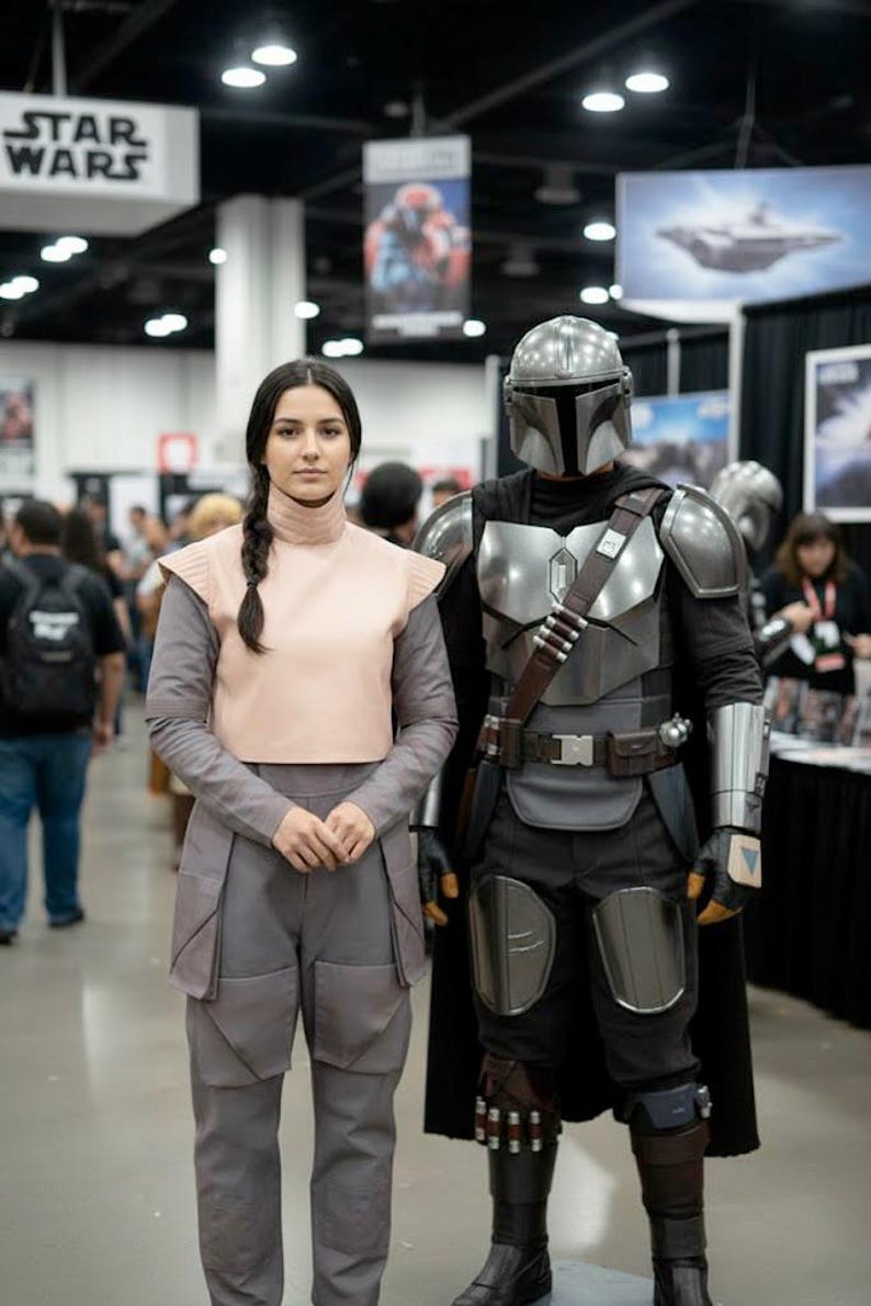 May include: Two people in Star Wars cosplay. One is dressed as The Mandalorian in silver armor and a helmet. The other is wearing a light pink top and gray pants. The Star Wars logo is visible in the background.