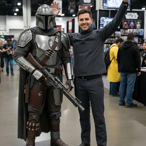 K&ouml;nnte beinhalten: Eine Person posiert mit einer Mandalorianer-Statue auf einer Convention. Die Statue tr&auml;gt eine vollst&auml;ndige R&uuml;stung und h&auml;lt ein Gewehr. Die Person tr&auml;gt einen dunkelgrauen Rollkragenpullover und eine Hose und winkt.