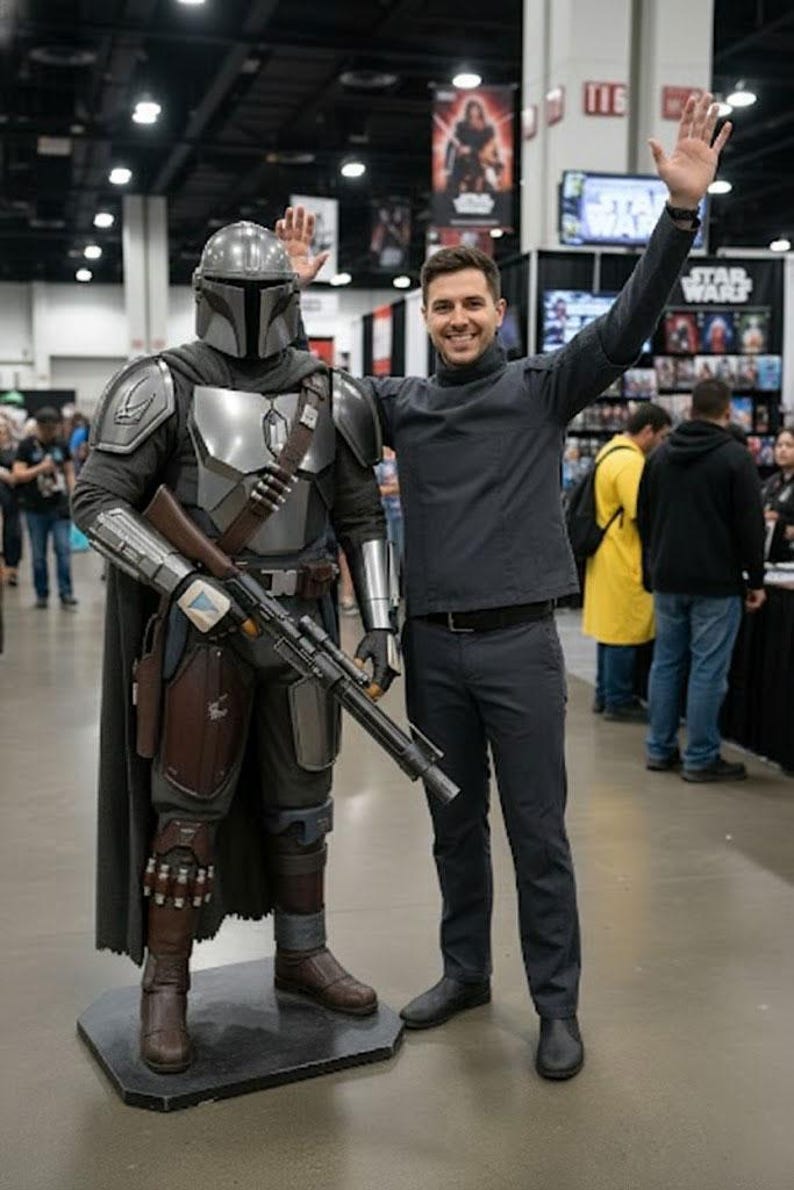 K&ouml;nnte beinhalten: Eine Person posiert mit einer Mandalorianer-Statue auf einer Convention. Die Statue tr&auml;gt eine vollst&auml;ndige R&uuml;stung und h&auml;lt ein Gewehr. Die Person tr&auml;gt einen dunkelgrauen Rollkragenpullover und eine Hose und winkt.