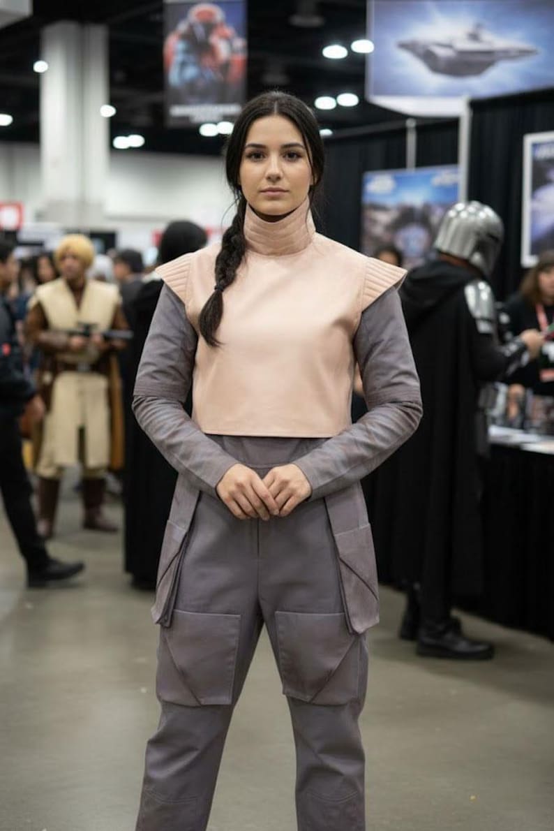 May include: A person wearing a cosplay costume. The outfit includes a light pink top with shoulder pads, a gray long-sleeved shirt, and gray pants with large pockets. The person has dark hair in a braid.
