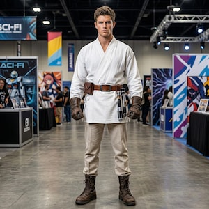 Puede incluir: Una persona con una túnica blanca y pantalones color beige, cinturón marrón con una bolsa, guantes marrones y botas marrones. Dos sables de luz están sujetos al cinturón. La persona está en un salón de convenciones.