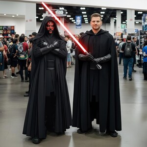 May include: Two people in Star Wars costumes, Darth Maul and a Sith Lord, pose together. Darth Maul has red and black face paint and a black hooded cloak. The Sith Lord holds a red lightsaber and wears a black cloak and gloves.