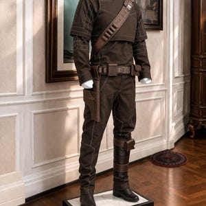 May include: A brown costume displayed on a mannequin. The outfit includes a long-sleeved top, pants, belt, holster, and boots. The costume has white stitching and brown leather accents. The mannequin is on a black and white platform.