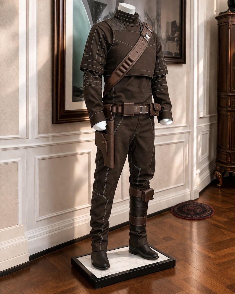 May include: A brown costume displayed on a mannequin. The outfit includes a long-sleeved top, pants, belt, holster, and boots. The costume has white stitching and brown leather accents. The mannequin is on a black and white platform.
