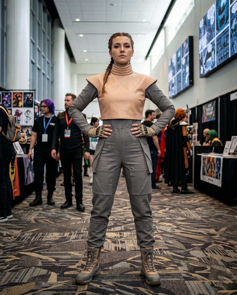 May include: A person in a cosplay outfit. The outfit features a tan crop top, grey long-sleeved shirt, grey trousers, and tan and grey boots. The person is standing in a convention centre.