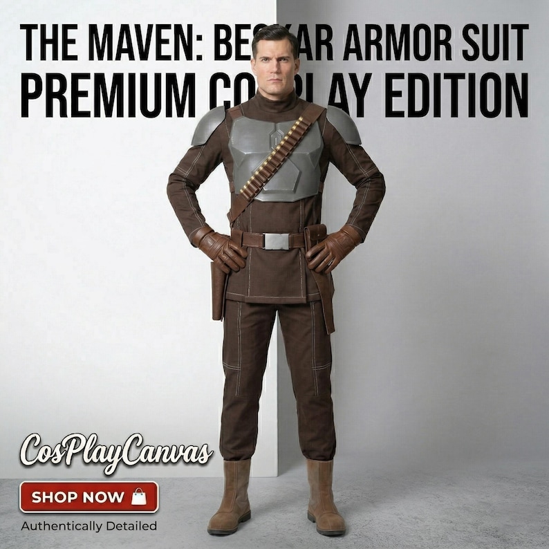 Pu&ograve; includere: Un'armatura Beskar marrone, un'edizione cosplay premium, con una piastra pettorale argentata e una bandoliera. L'abito include guanti, pantaloni e stivali abbinati. Il testo sull'immagine recita "THE MAVEN: BESKAR ARMOR SUIT PREMIUM COSPLAY EDITION."