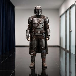Op de afbeelding: Een volledig zilverkleurig metalen harnas met een helm met T-vormig vizier, schouderstukken, handschoenen en scheenplaten over een donkerbruine, gestructureerde stoffen basis. Een bruine leren bandelier kruist de borst en een donkere cape hangt.
