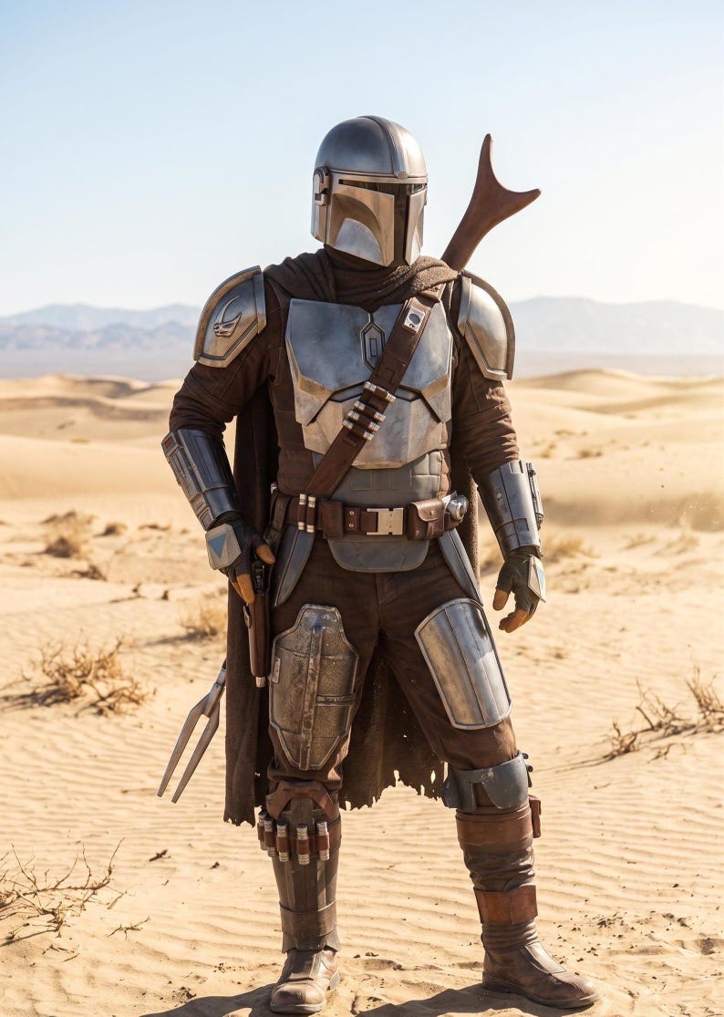 May include: A person in a silver helmet and armor, standing in a desert landscape. The armor includes shoulder pads, chest plate, and leg guards. A brown cape and utility belt are also visible. A weapon is held on the right shoulder.