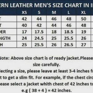 May include: A size chart for western leather jackets, displaying chest, waist, shoulder, sleeve length, and length measurements in inches. Sizes range from XS to XXXL. Includes a note about selecting the correct size for a slim fit.