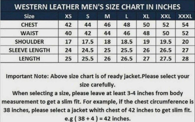 May include: A size chart for western leather jackets, displaying chest, waist, shoulder, sleeve length, and length measurements in inches. Sizes range from XS to XXXL. Includes a note about selecting the correct size for a slim fit.