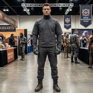 K&ouml;nnte beinhalten: Eine Person in einem dunkelgrauen Outfit, einschlie&szlig;lich Rollkragen, Handschuhen und Stiefeln, steht in einer Messehalle. Das Outfit scheint eine Uniform oder ein Kost&uuml;m zu sein. Banner im Hintergrund zeigen "Arrakis Exotics" und "Guild Navigators Guild."