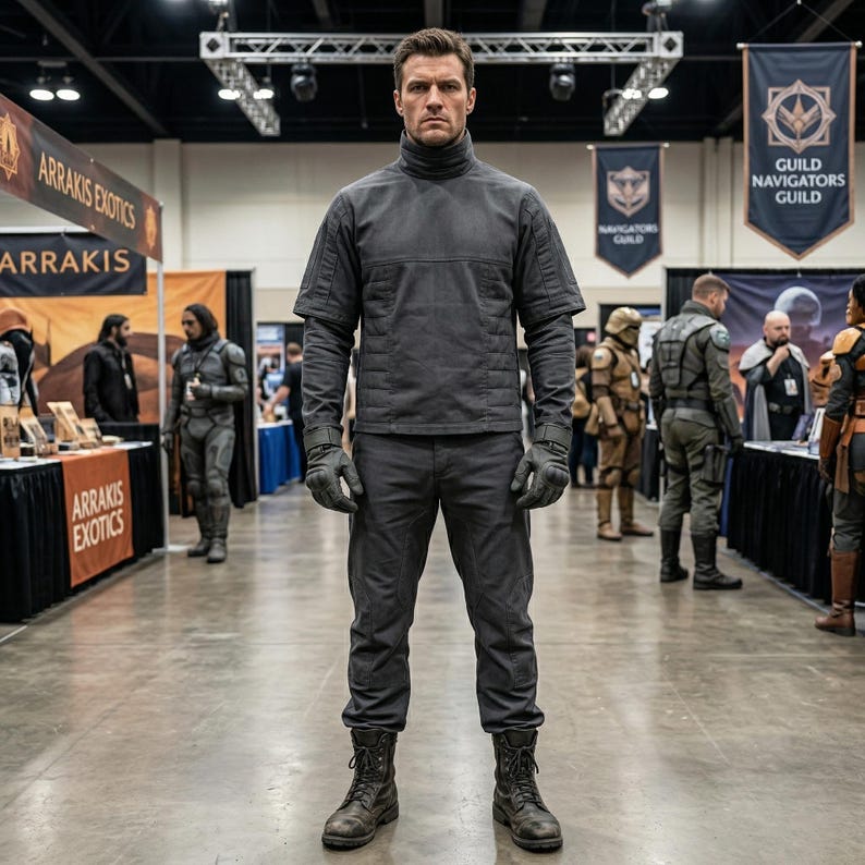 K&ouml;nnte beinhalten: Eine Person in einem dunkelgrauen Outfit, einschlie&szlig;lich Rollkragen, Handschuhen und Stiefeln, steht in einer Messehalle. Das Outfit scheint eine Uniform oder ein Kost&uuml;m zu sein. Banner im Hintergrund zeigen "Arrakis Exotics" und "Guild Navigators Guild."