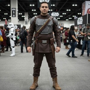 Pu&ograve; includere: Una persona in costume marrone e grigio con pettorale, cintura e fondina. Il costume comprende camicia, pantaloni e stivali marroni. Una bandoliera con proiettili attraversa il petto. Lo sfondo mostra una convention.