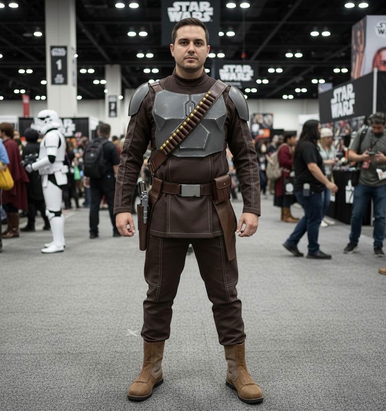 Pu&ograve; includere: Una persona in costume marrone e grigio con pettorale, cintura e fondina. Il costume comprende camicia, pantaloni e stivali marroni. Una bandoliera con proiettili attraversa il petto. Lo sfondo mostra una convention.