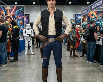 Classic smuggler costume set with handmade vest, shirt, and pants for conventions and Halloween.
