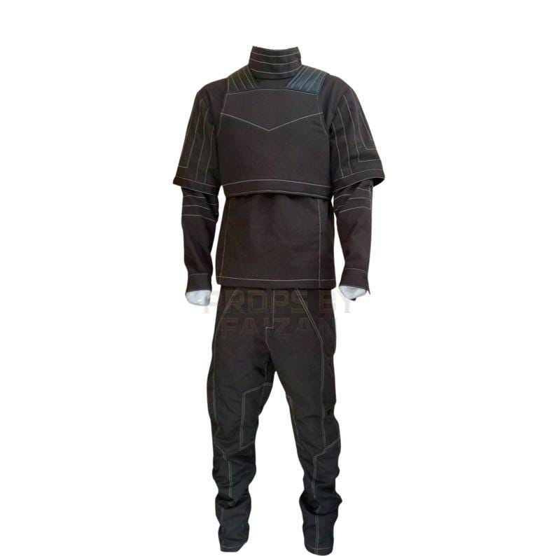 May include: A dark brown costume with white stitching, featuring a high-collared top, a cropped vest, long sleeves, and matching pants. The outfit appears to be made of a durable fabric, suitable for cosplay or themed events.