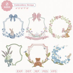 May include: An embroidery design featuring six frames with floral and animal motifs. The designs include a bunny, teddy bear, and birds, with text indicating five sizes: 4", 5", 6", 7", and 8". The color palette includes blue, pink, and green.
