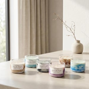 Op de afbeelding: Zes glazen potkaarsen met verschillende kleuren en geuren, waaronder "Vanilla Cloud" en "Lavender Hush". De kaarsen staan op een licht oppervlak, met een neutrale achtergrond en een vaas met een tak.