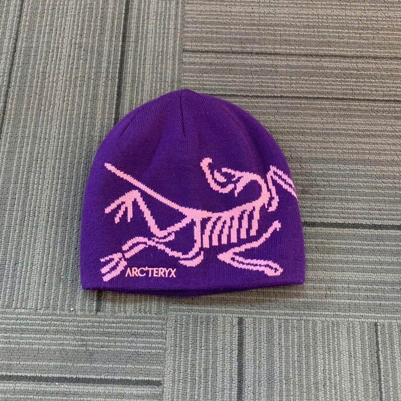 May include: A purple beanie with a pink graphic design and the text "ARC'TERYX" at the bottom. The hat is made of a soft material and is likely designed for cold weather.