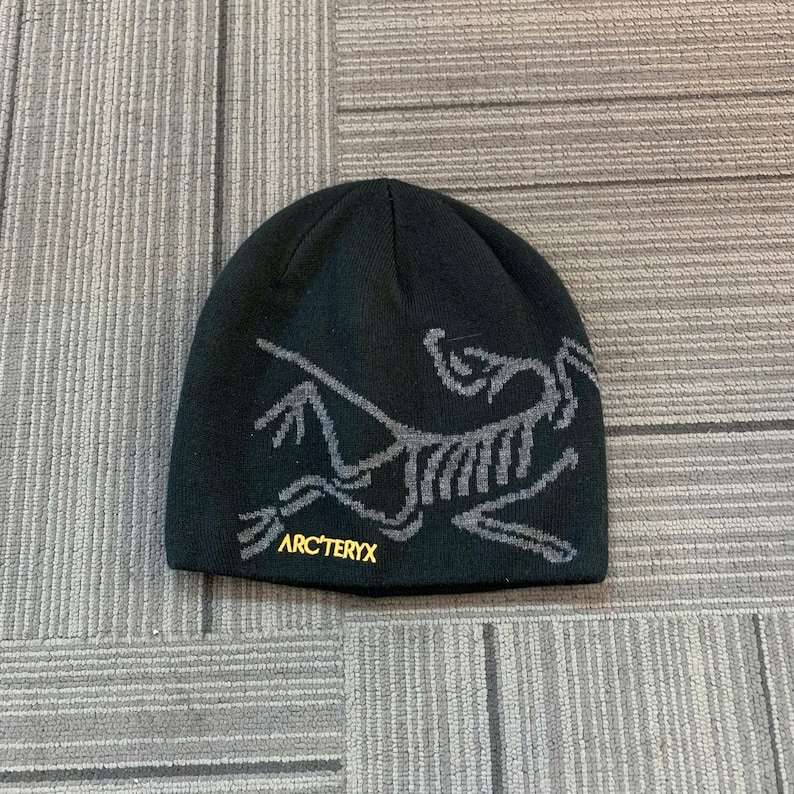 May include: Black beanie with a gray graphic of a stylized animal skeleton and the brand name "ARC'TERYX" in gold. The hat is made of a soft, knit material.