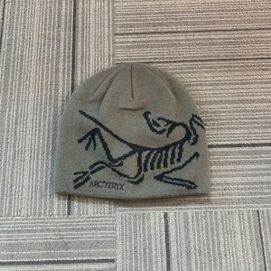 May include: A gray beanie featuring a black graphic of a stylized dinosaur skeleton. The brand name "Arc'teryx" is printed in black below the graphic. The hat is made of a soft, knitted material.