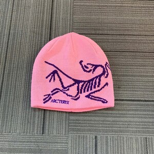 May include: A pink beanie with a purple graphic design and the text "ARC'TERYX". The hat is made of a soft, knitted material. The beanie is a winter accessory.