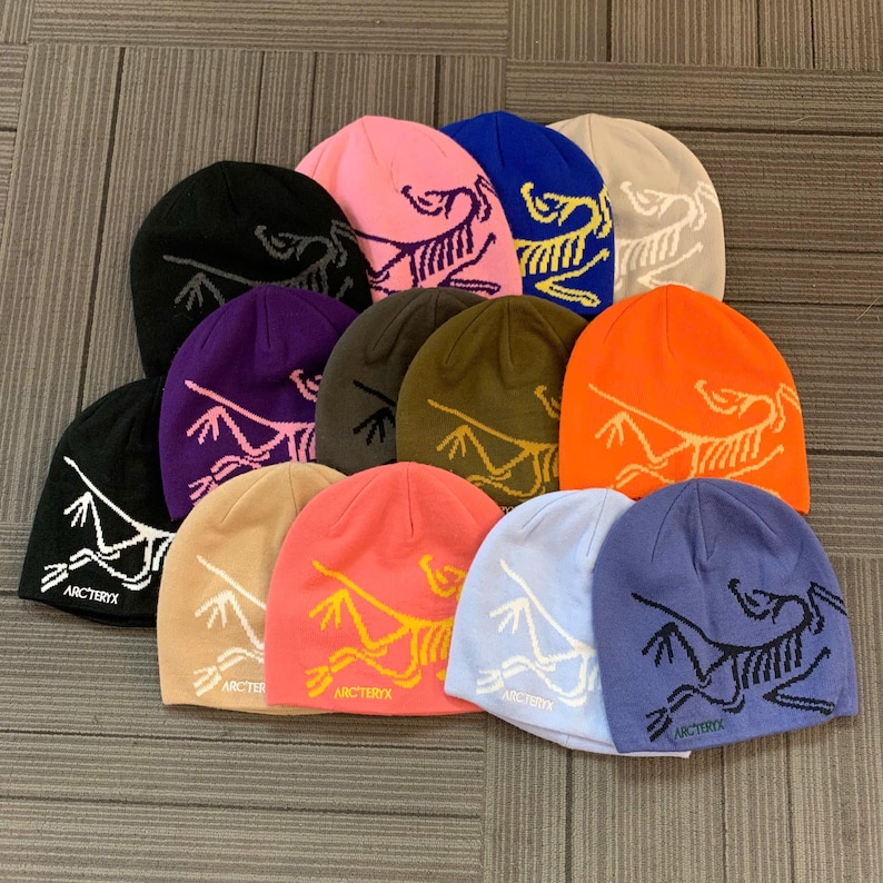 May include: A collection of colorful knit beanies. Each beanie features a stylized graphic of a dinosaur or similar creature. The beanies are in various colors, including black, pink, blue, and orange. The brand name "Arc'teryx" is printed on the brim.