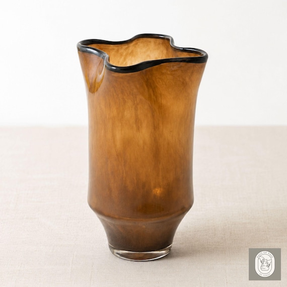 Vintage Brown Glass Vase with Black Rim – Handmade Wavy Decorative Vase