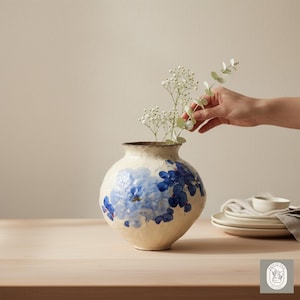 Hand-painted Blue Peony Ceramic Vase, Large Round Bud Vase, Chinoiserie Home Decor