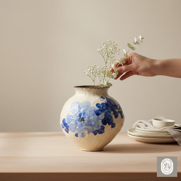 Handgeschilderde keramische vaas blauwe pioenroos, grote ronde vaas met knoppen, woondecoratie chinoiserie