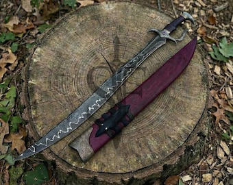 Hand Forged Damascus Steel Fantasy Sword – 42" Collector Display with Purple & Black Variant Scabbard