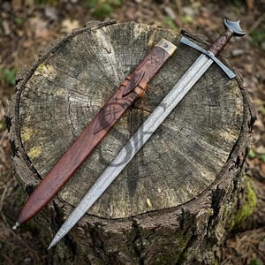 May include: A medieval-style sword with a detailed, patterned blade and a brown leather-wrapped handle. The sword rests on a wooden tree stump next to its brown leather sheath, which features carved designs and brass accents.