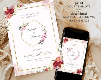Elegant Wedding Invitation Template Editable Canva Floral Wedding Invite Gold Frame Printable Modern Wedding Invitation Instant Download