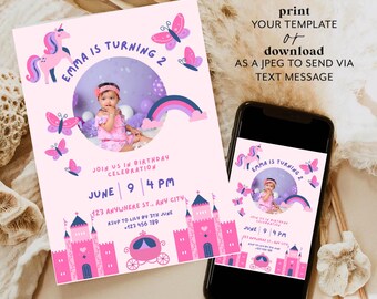 Unicorn Birthday Invitation Editable Canva Princess Birthday Invite Photo Template Girls Party Printable Instant Download
