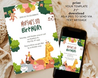 Jungle Birthday Invitation Template Editable Canva Safari Animal Birthday Invite Kids Party Printable Instant Download