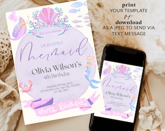 Mermaid Birthday Invitation Template Editable Canva Under The Sea Birthday Invite Girl Kids Party Printable Instant Download